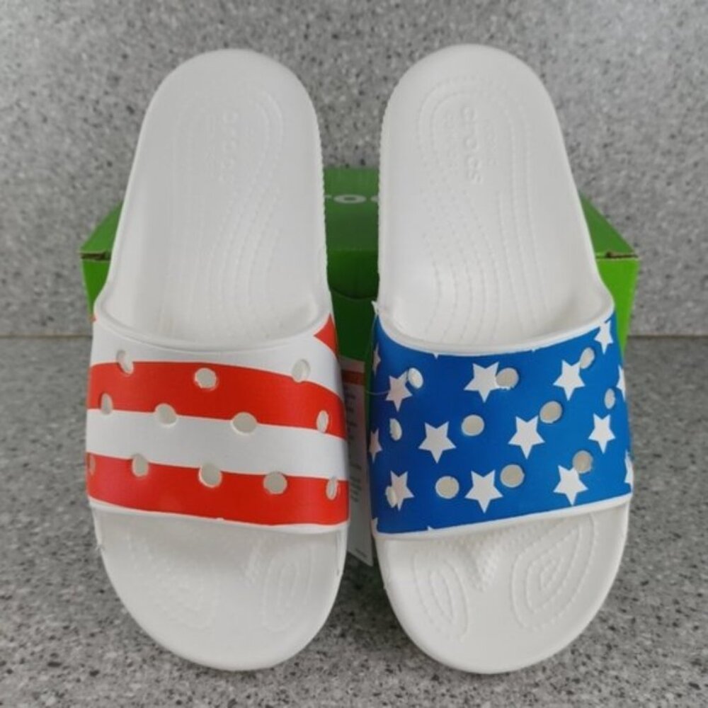 Crocs White American USA Flag Patriotic Slide Sandals Shoes